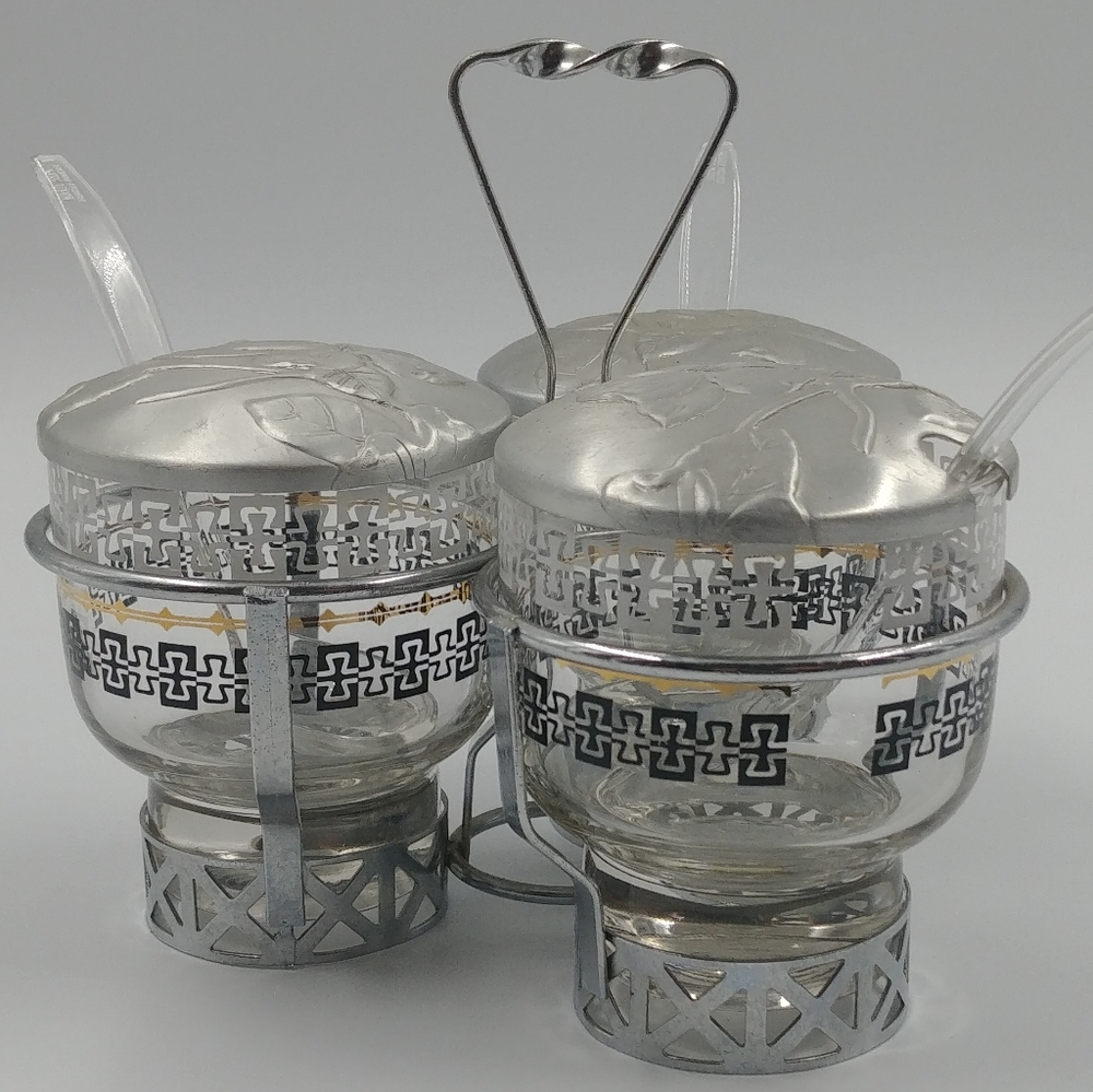 MCM Libby 3 Jar Condiment Caddy, Floral Lids w Spoons Vintage Metal Glass Decor